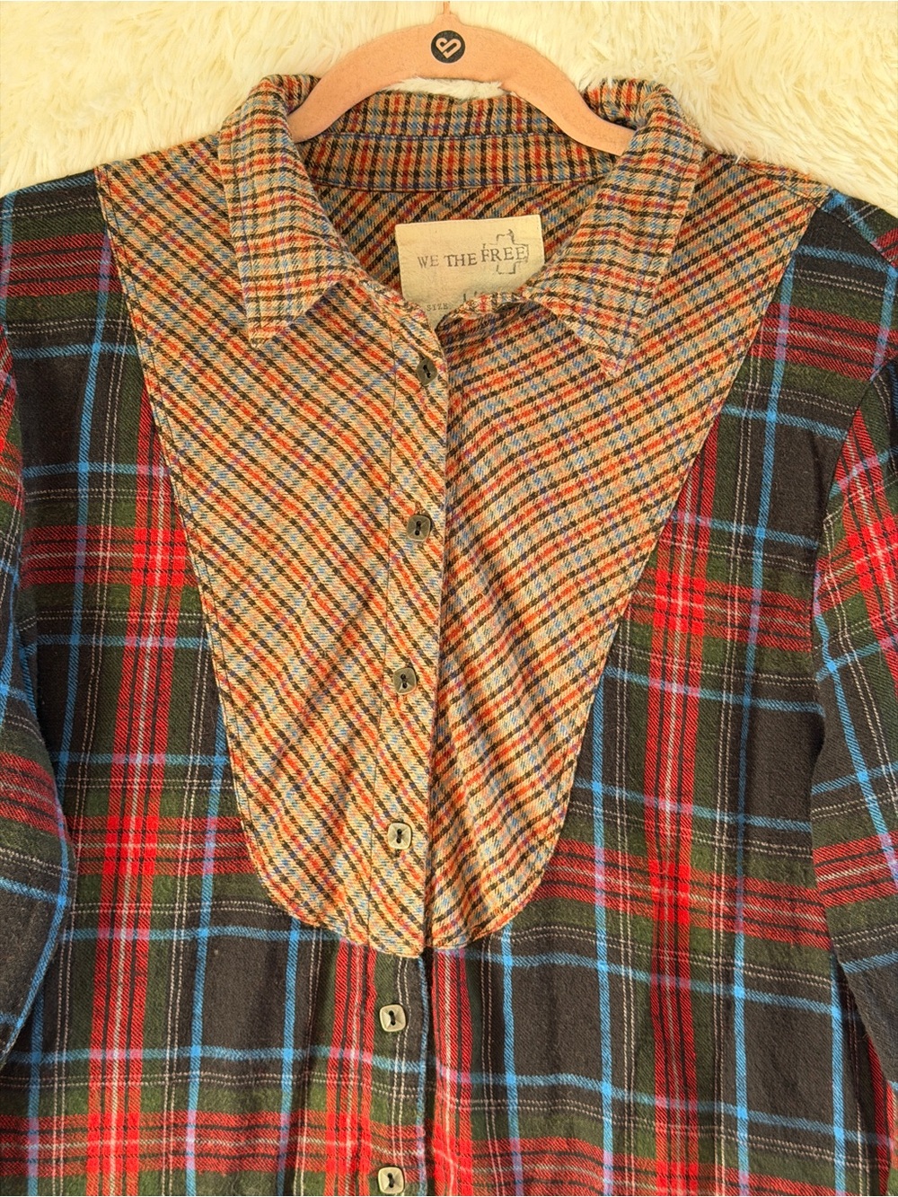 We The Free Womens Boho Rustic Plaid Flannel Mixed Media Shirt Size L Raw Hem - Picture 4 of 9